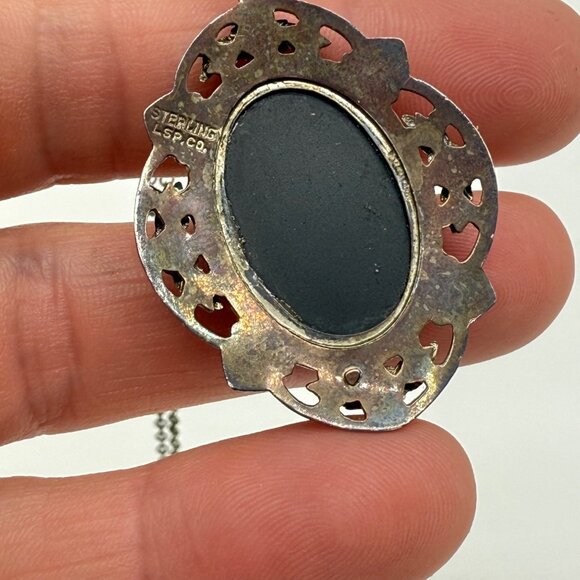 Vtg LS Peterson Mourning Pendant Sterling 14k Yellow Rose Gold Black Necklace - Picture 8 of 13